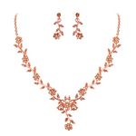 BriLove Women's Wedding Jewellery Set Vine Leaf Cluster Flower Crystal Dangle Earrings Pendant Necklace Set for Bridal Peach Morganite Color Rose-Gold-Tone