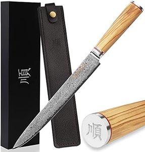 YOUSUNLONG Sashimi Fish Fillet Knife Carving Knife 10 Inch - High grade Japanese Damascus steel - Italian olive wood with Leather Sheath