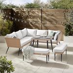 Furniturebox UK Seychelles Beige 9 Seat PE Rattan & Wood Effect Outdoor Garden Sofa Set - Beige Cushions, 5 Seat Corner Sofa + 2 Benches + Square Table, Modern Boho Industrial Patio Furniture