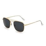 Retro Square Aviator Sunglasses Premium Glass Lens Flat Metal Eyewear Men Women (Gold/Grey)