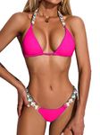 BIKINX Womens Sexy Thong Bikini Set Ruffle Swimsuit Micro Bandeau 2 Piece Bathing Suit Tie Side Bikini Bottoms, Fluorescent Rose Red, 12-14