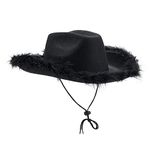 SANSIWU Women 's Cowboy Hat Adult Solid Color Fluffy Feather Drawstring Adjust Wide Brim Cowgirl Hat for Cosplay, Costume Party, Hen Party, Fancy Dress Accessory (Black, 32cm*42cm*18cm)