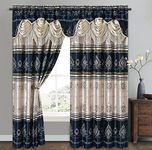 GOHD Harmony Horizon. Jacquard Farmhouse Window Curtain Panel Drape with Attached Fancy Valance. 2pcs Set. Each pc 54" Wide x 90" Drop with 18" Valance. (Navy Blue)