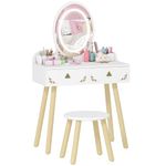 Qaba Kids Vanity, 2 in 1 Girls Vanity Set with Mirror and Stool and Lights, Drawers, Storage Boxes, Toddler Makeup Dressing Table, Pretend Play for Kids Room, Pink
