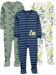 Simple Joys by Carter's Boys' 3-Pack Snug Fit Footed Cotton Pajamas Baby and Toddler Sleepers, Navy Stripes/Sage Green Construction/White Dinosaur, 4 Years (Pack of 3)