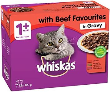 WHISKAS 1+ Years Wet Cat Food with Beef Favourites in Gravy 12 x 85g, 5 Pack (60 Pouches)