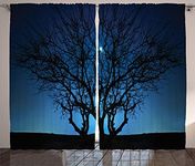 Ambesonne Navy Blue Curtains, Tree Under Clear Night Sky with Moon and Stars Galaxy Nature Landscape Art Print, Living Room Bedroom Window Drapes 2 Panel Set, 108" X 84", Black Navy