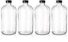 4 Pack - 32oz Kombucha Brewing Bottles - Boston Round Clear Glass Growlers with Phenolic Poly Cone Insert Caps - Tight Seal for Secondary Kombucha Fermentation