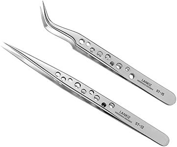 LANKIZ Eyelash Extension Tweezers Stainless Steel Straight and Curved Volume Lash Tweezers Set of 2 for Professional Eyelash Extension Application -9 Holes Silver