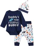 Auggle 3PCS Baby Boys' Daddy's New Fishing Buddy Outfit Set Long Sleeve Bodysuit (Blue01, 12-18 Months)