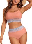 Herseas Women's Bikini Sets Smocked Color Block Trim 2 Piece High Waisted Swimsuit Scoop Neck Bathing Suit, Smocked_peach, Large