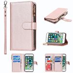 Jaorty Wallet Case Compatible with iPhone 7/8 iPhone SE 2nd 2020 Case,[9 Card Slots] [Wrist Strap] [Stand Feature] Zipper Cash Pocket Magnetic Leather Cover Shockproof Case for iPhone 7,4.7" Rosegold