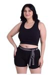 Keepfit Women's Black Solid Plus Size Swimsuit with Crop top and Full Coverage Shorts with Contrast Belt