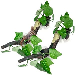 Fhiny 2 PCS Reptile Corner Branch, Resin Climb Tree Branch Decor with Leaves Tank Accessories Terrarium Plant Ornament with Suction Cup for Snake Lizard Bearded Dragons Gecko Climbing