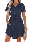 MISFAY Women Summer Dress Casual V Neck Short Sleeve Drawstring Mini Dresses with Pockets,Navy Blue,L