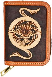 XHDJ Small Credit Card Holder RFID Blocking Wallet Women Handmade Floral Carved Leather Zipper Around Security Western Wallets for Women tarjeteros monederos de mujer (Brown)