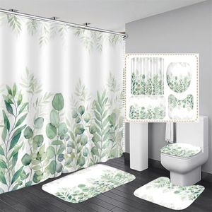 DDQQ Green Leaves Shower Curtain Sets with Non-Slip Rug, Toilet Lid Cover and Bath Mat, Plant Leaves Shower Curtain Sets with 12 Hooks, Shower Curtain for Bathroom Set Decor