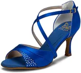 JIAJIA 20522 Women's Satin Sandals Flared Heel Latin Salsa Performance Dance Shoes Color Blue,Size 10.5 B(M) US/42 EU