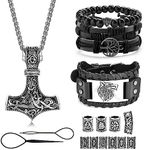 ADRAMATA Viking Necklace for Men Viking Bracelets Set Thors Hammer Pendant Necklace Viking Beard Beads Hair Beads Braided Leather Bracelets for Men Beads Bracelets Viking Jewellery Viking Gifts,