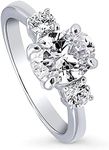 BERRICLE Sterling Silver 3-Stone Wedding Engagement Rings Oval Cut Cubic Zirconia CZ Ring for Women, Rhodium Plated Size 4-10, US 7.5, Metal Crystal Stone, Cubic Zirconia