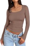 Trendy Queen Womens Long Sleeve Shirts Crop Tops Basic Tight Slim Fit Y2K T Shirts Winter Clothes 2024 Coffee Grey 2XS