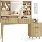 VASAGLE MAXE Collection - Vanity Desk with Sliding Mirror and Lights, Mid Century Modern Fluted Makeup Vanity with 10x Magnifying Mirror, Charging Station, Jewelry Storage, Oak Beige URDT139YC01S