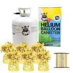 Large Helium Canister with Curling Ribbon and 6 Foil Balloon Weights (Bright Gold, Pack of 6 Weights)