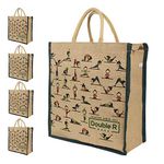 DOUBLE R BAGS Unisex Eco Reusable Yoga Print Jute Cloth Lunch Bag For Tiffin Box With Bottle Organizer, Zipper & Reinforced Handle (Pack Of 5)