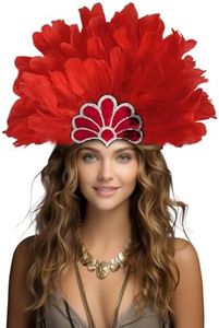 JPXH Feather Headdress Crown with Plumes, Silver Sequined Tiara Design, Showgirl Carnival Costume Headpiece (red)