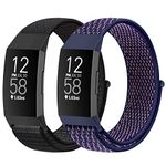 AVOD Nylon Watch Bands Compatible with Fitbit Charge 4/Charge 3/SE, Soft Replacement Wristband Breathable Sport Strap with Band for Women Men (Dark Black+Indigo)