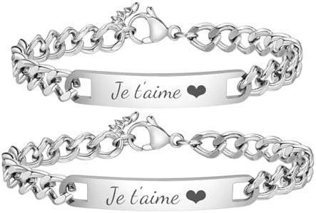 Bracelet Couple Personnalisé Femme Homme, Bracelet Gravé Nom Phrase Chaîne Argent en Acier Inoxydable, Bracelet pour Amoureaux, Bracelet pour Amis, Bracelet pour Famile (Chaine Gourmette)