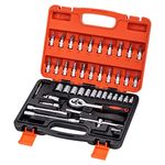 KATSU 46PCs 1/4 Inch Socket Set 4-14mm Metric with 24-Teeth Quick-Released Ratchet Wrench, Extension Bars and Hex Torx Bits, Chrome Vanadium Steel, Auto Mechanical Tool