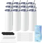 Hiipoo 12 Pack Sublimation Tumblers Blank 20 oz Straight Skinny with Sublimation Papers, Lids and Straws, Shrink Wrap Films, Stainless Steel Double Wall Insulated Tumbler for Mug Press Machine