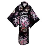 Wraith of East Kimono Costume Adult Japanese Geisha Yukata Floral Patten Gown Blossom Bathrobe Sleepwear With Obi Belt, 30-long Black, Large