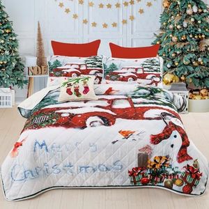 WONGS BEDDING Christmas Quilt Set Twin (68"x86"),Christmas Tree Cars Snowman Pattern Printed Bedding Quilted Bedspread Coverlet for Kids with 1 Pillow Sham, Soft Microfiber Bedding Gifts