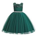 Glamulice Christmas Dresses Vintage Flower Girl Dress Emerald Green 3D Floral Embroidery Pearl Belt Sash Tulle Swing Party Dresses New Year Holiday Princess Prom Dance Kids Costume Gown 5-6 Pageant