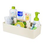 ChengFu Baby Shower Caddy Plastic Nursery Portable Storage Organizer Caddy Tote for Child/Kids, Divided Basket Bin with Wood Handle for Bathroom, Dorm Room, Holds Hand Soap, Bottles, Spoons (Wood Handle, Beige)