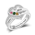 Personalized Heart Rings for Women Custom Engraved Names Rings with 1-8 Birthstones Family Rings for Mother Christmas Mother's Day Gift for Mom Grandma (3 stones)