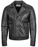 Mens Real Leather Biker Style Jacket Cross Zip Fastening Hook (3XL, Black)