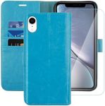 MONASAY Wallet Case Compatible for iPhone XR, 6.1-inch, [Glass Screen Protector Included] [RFID Blocking] Flip Folio Leather Cell Phone Cover with Credit Card Holder, Light Blue