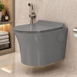 Plantex Platinum Ceramic Rimless Wall Hung Western Commode/Rimless Washdown Flushing System/P Trap Commode for Bathroom with Soft Close Toilet Seat (Smoke)