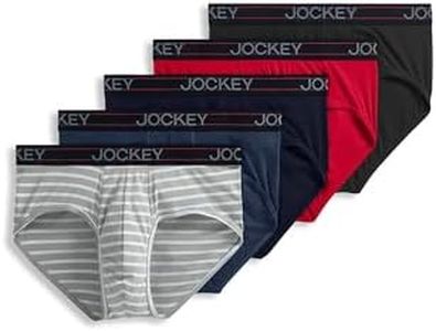 Jockey Men's Underwear Lightweight Cotton Blend Brief - 5 Pack, Navy Heather/Racing Red/Rough Blue/Quartz Grey Stripe/Rough Blue, L