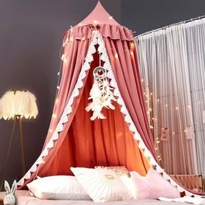 Kertnic Bed Canopy for Girls, Ruffled Bow Princess Canopy Bedroom, Children Reading Nook Canopies Soft Playing Tent for Bed, Room Dreamy Mosquito Net Bedding Decoration (Red Bean)