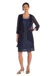 R&M Richards Women's Two Piece Fly Away Jacket Over Beaded Neck Laced Dress, Navy, 14