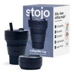 STOJO On-The-Go Biggie Collapsible Coffee Cup with Lid - 16oz / 473ml - Reusable & Foldable Silicone Travel Mug - Portable, Pocket Size - Dishwasher Safe - Denim