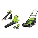 Greenworks Battery-Powered Lawnmower G40LM41 and Cordless String Trimmer G40LT and Leaf Blower GD40BV (Li-Ion 40 V Upto 600 m² Air Speed 185 km/h Speed Regulation with 2X 2Ah Batteries and Charger)