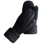 Women's Winter Gloves Warm Lining - Cozy Wool Knit Thick Gloves Mittens in 6 color (black)