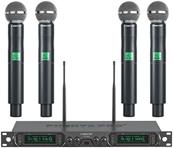 Phenyx Pro Wireless Microphone System, 4-Channel UHF Wireless Mic, Fixed Frequency Metal Cordless Mic with 4 Handheld Dynamic Microphones, 260ft Range, Microphone for Singing,Church,DJ (PTU-5000A)