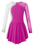 TSSOE Kids Girls Figure Skating Dress Long Sleeves Glitter Rhinestone Dance Performance Costume Rose 8 Years