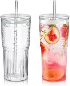 Joeyan 650 ml Vaso de Vidrio con Tapa y Pajita,Juego de 2, Vasos de Agua para Café Batidos Jugos,Borosilicato Taza de Té Bubble Tea Cup Transparente Estriados Estilo Origami,Apto para lavavajillas